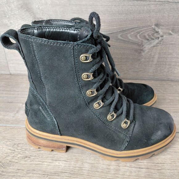 Sorel Lennox Black Suede Boots Waterproof Lace Up Women 8 Chunky Lug Sole NL4410 - Picture 7 of 11